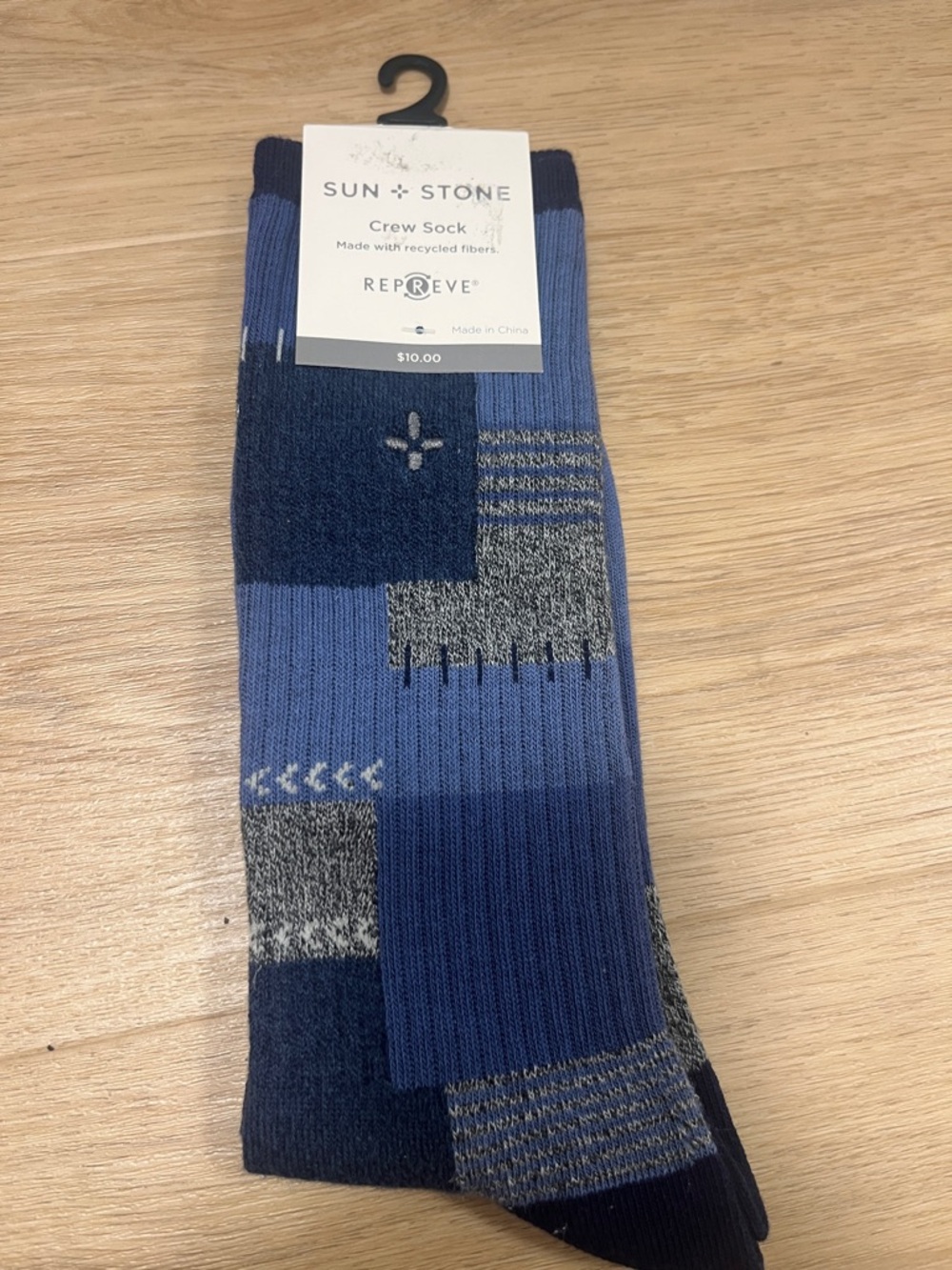 Sun + Stone Patchwork Blue Crew Socks